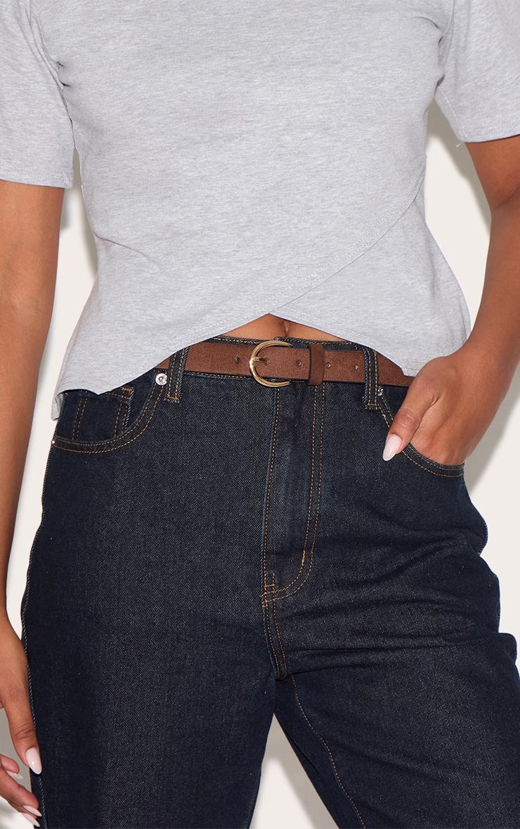 Chocolate Faux Suede Gold Crescent Buckle Skinny Belt Product Image