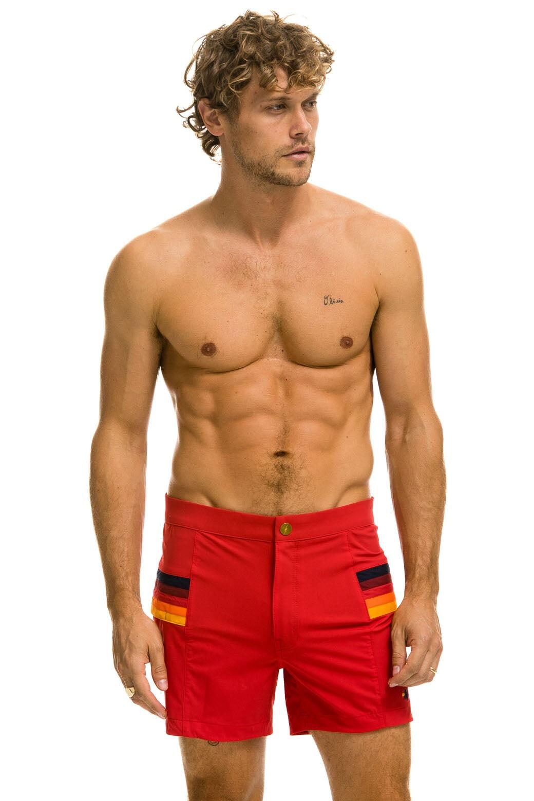 MEN'S HORIZONTAL 5 STRIPE FLEX SHORTS - RED Male Product Image