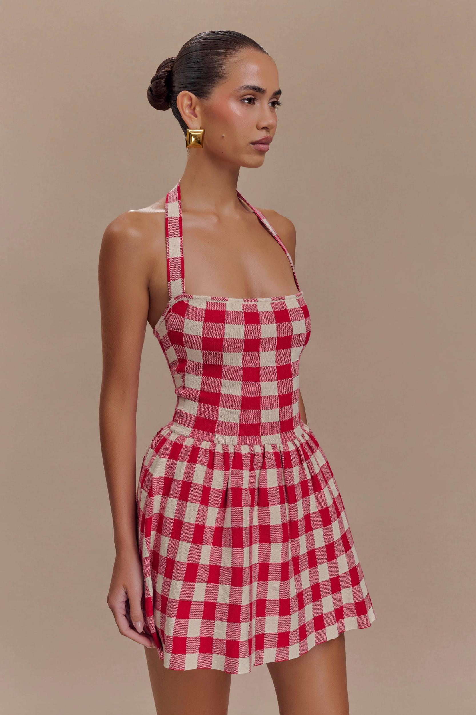 Lindsay Halter Knit Mini Dress - Red Gingham Product Image
