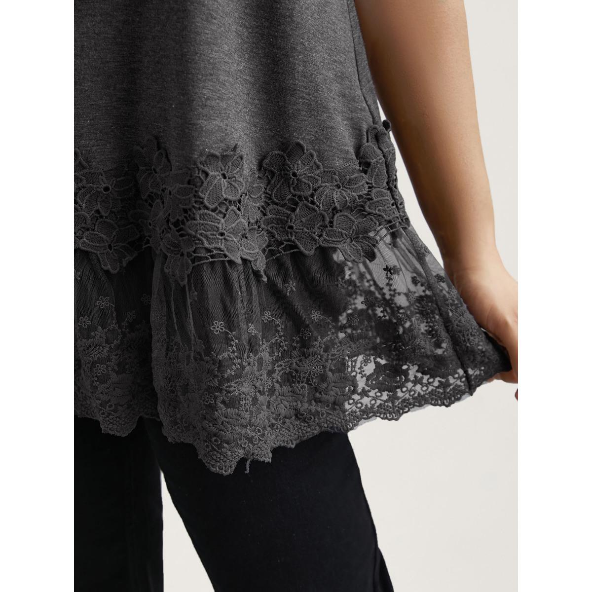 Plus Size Lace Patchwork Plain V-Neck Vest Women DimGray Elegant Woven ribbon&lace trim V-neck Everyday Tank Tops Camis BloomChic 10/M Product Image