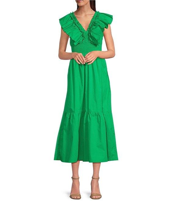 Adrianna by Adrianna Papell Ruffle V-Neck Smocked Waist Sleeveless Midi Dress Product Image