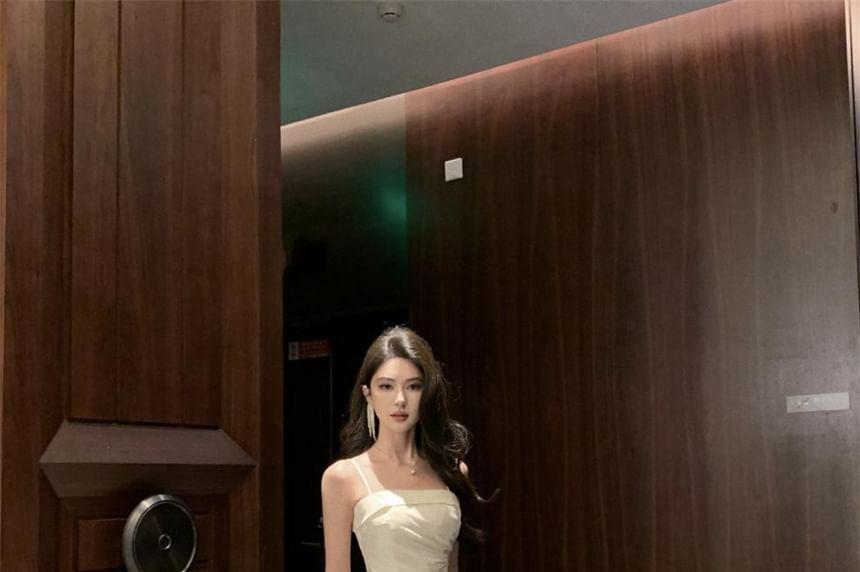 Spaghetti Strap Plain Ruched Ruffle Trim Maxi A-Line Dress Product Image