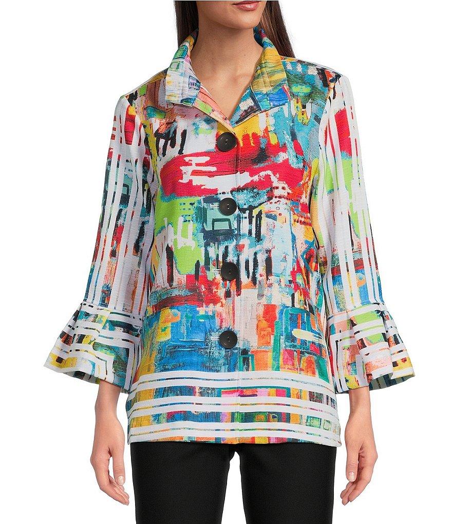 Ali Miles Petite Size Printed Woven Wire Collar 3/4 Bell Sleeve Button Front Tunic Product Image