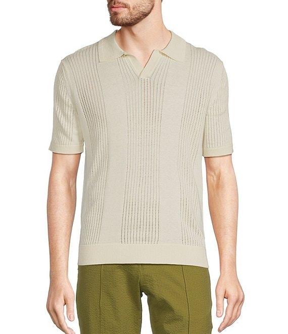 Murano Crocodile World Collection Pointelle Johnny Collar Short Sleeve Sweater Knit Shirt Product Image