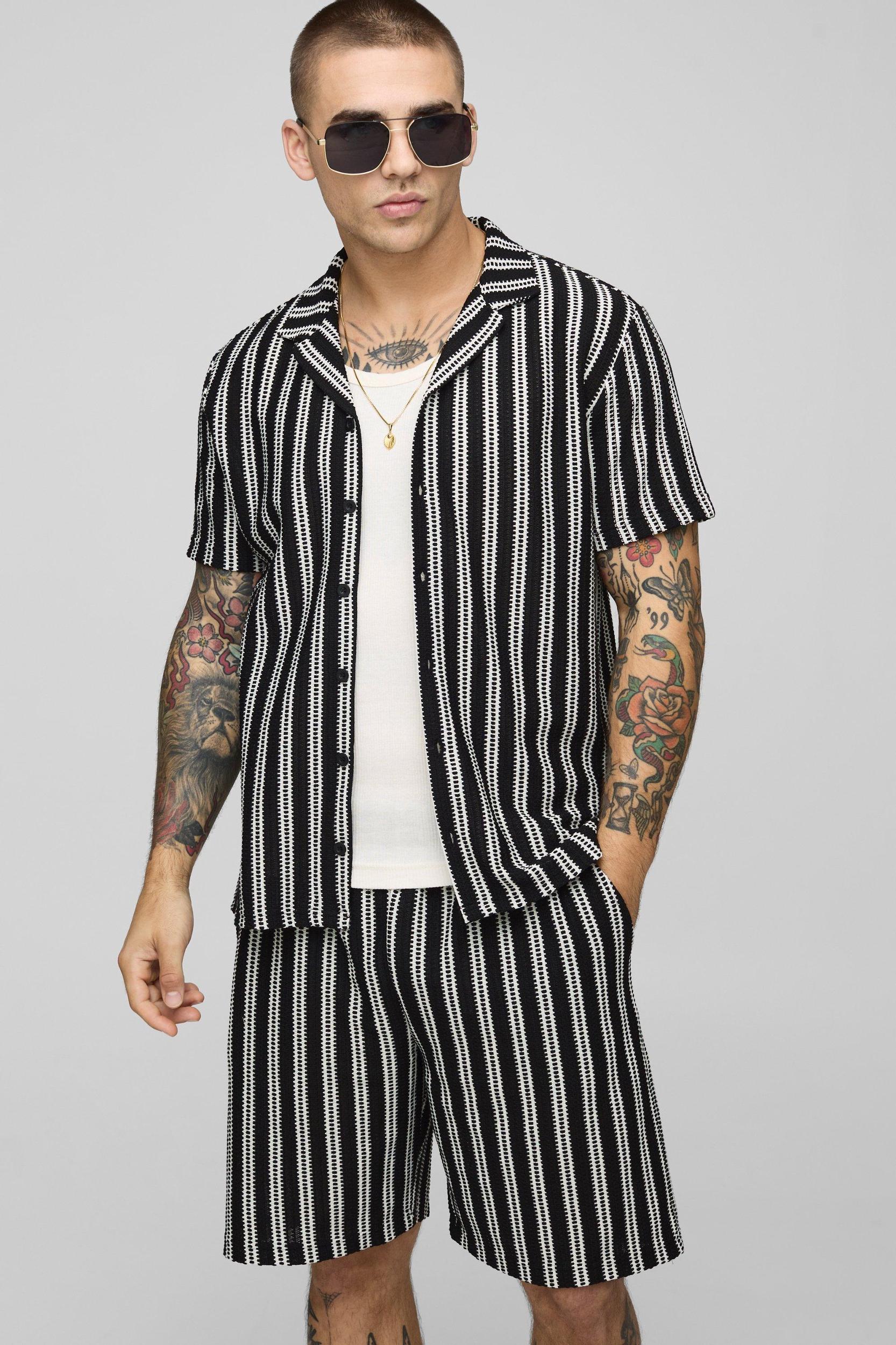 Regular Fit Textured Stripe Revere Collar Jersey Shirt and Shorts Set | boohooMAN USA Product Image