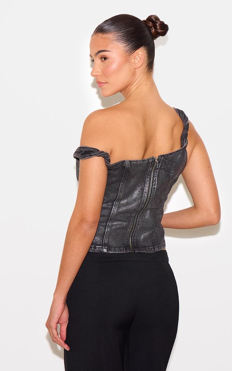 Black Silver Metallic Foil Effect One Shoulder Denim Top Product Image