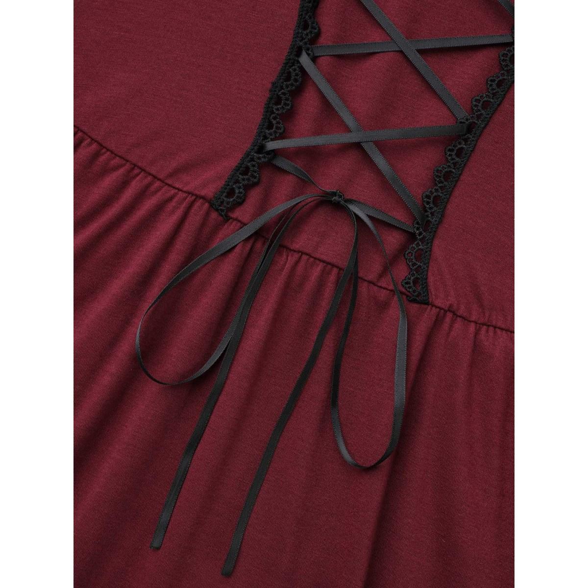 Plus Size Square Neck Lace Panel Lace Up Dress Burgundy Women Elegant Woven ribbon&lace trim Square Neck Long Sleeve Curvy BloomChic 22-24/3X Product Image