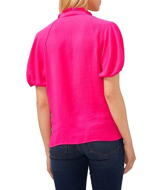 CeCe Drapey Gauze Ruffled Split V-Neck Short Puffed Sleeve Blouse Product Image