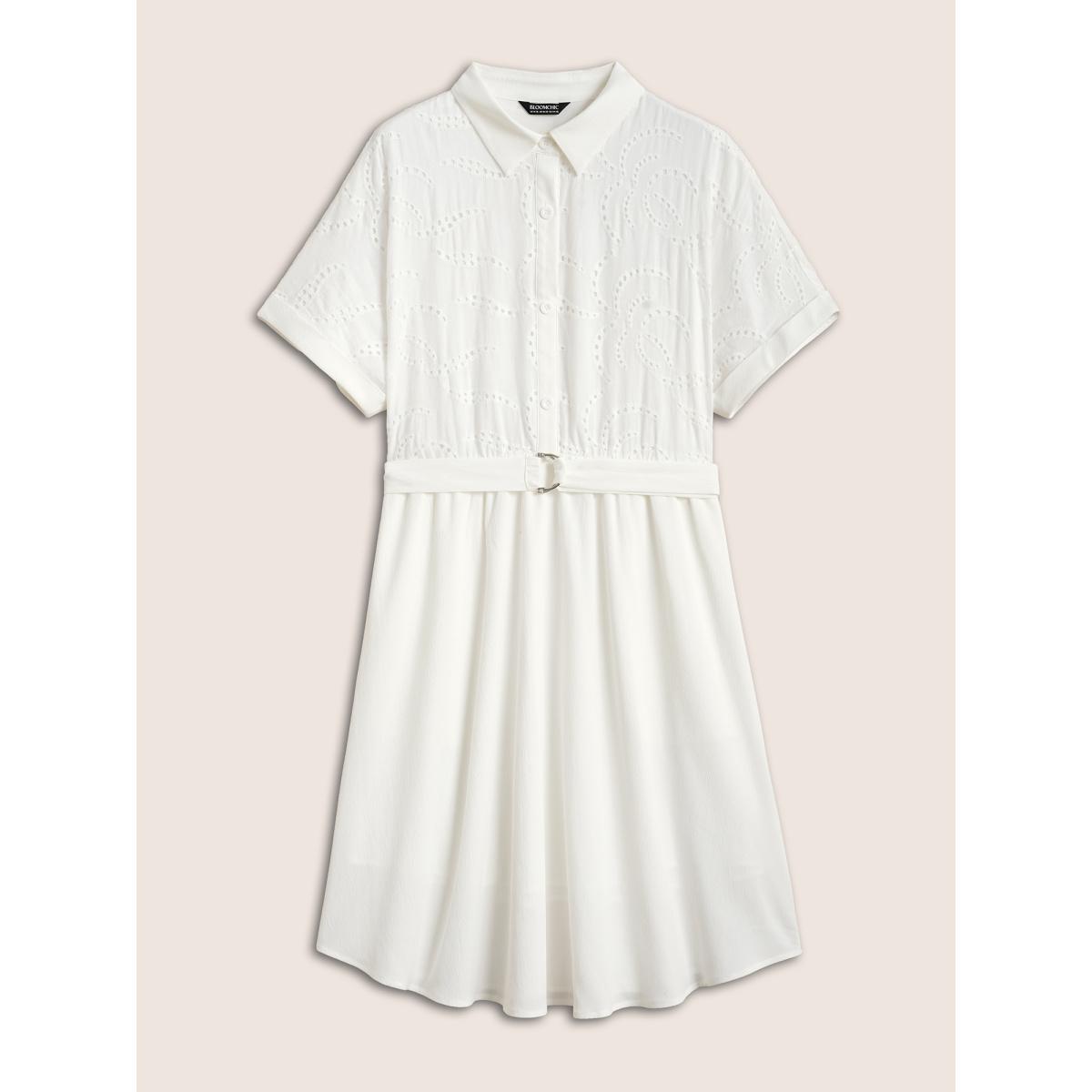 Plus Size Broderie Anglaise Shirt Collar Belted Dress Originalwhite Women Work From Home Belted Shirt collar Short sleeve Curvy BloomChic 22-24/3X Product Image