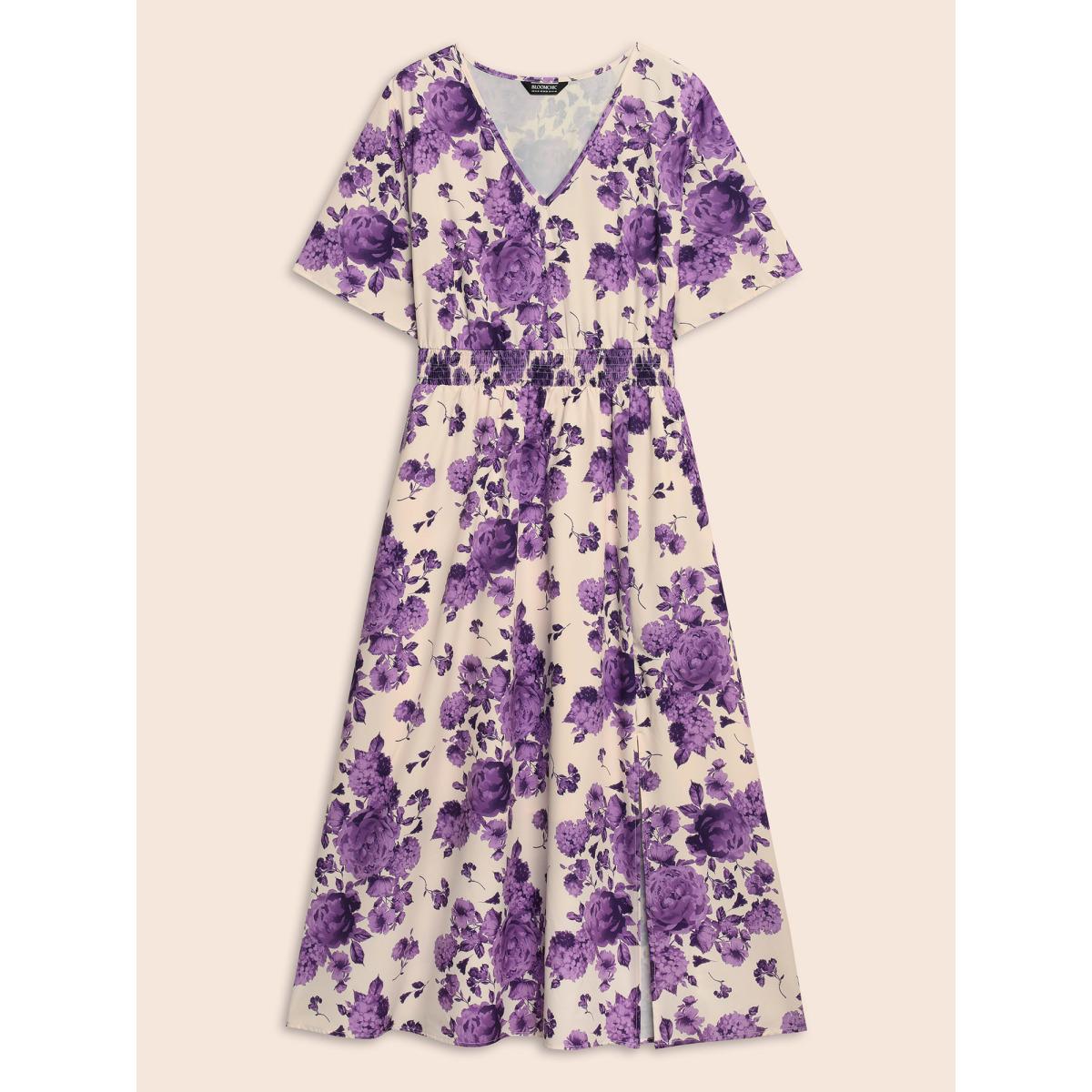 Plus Size Floral Print Split Side Shirred Dress BlueViolet Women Elegant Shirred V-neck Short sleeve Curvy BloomChic 18-20/2X Product Image