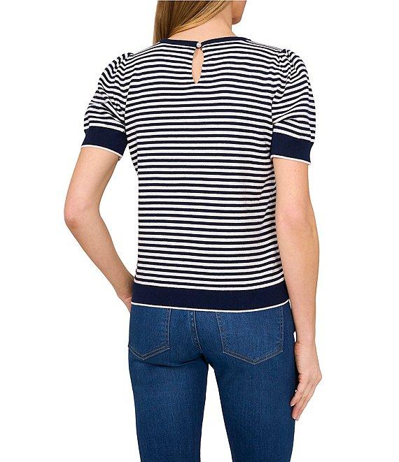 CeCe Knit Striped Crew Neck Short Puff Sleeve Sweater Product Image