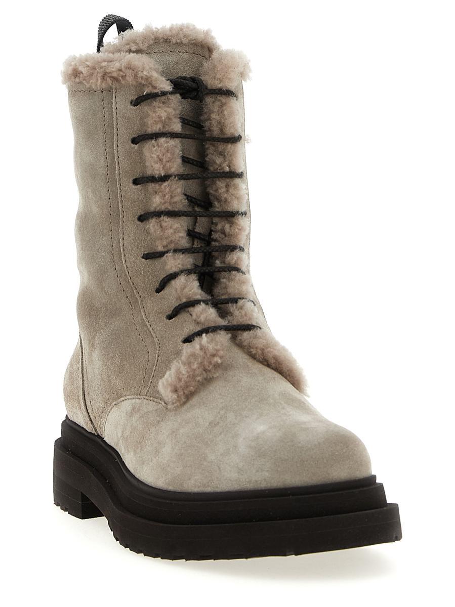 BRUNELLO CUCINELLI Chunky Sole Suede Combat Boots Monile In Neutral Product Image