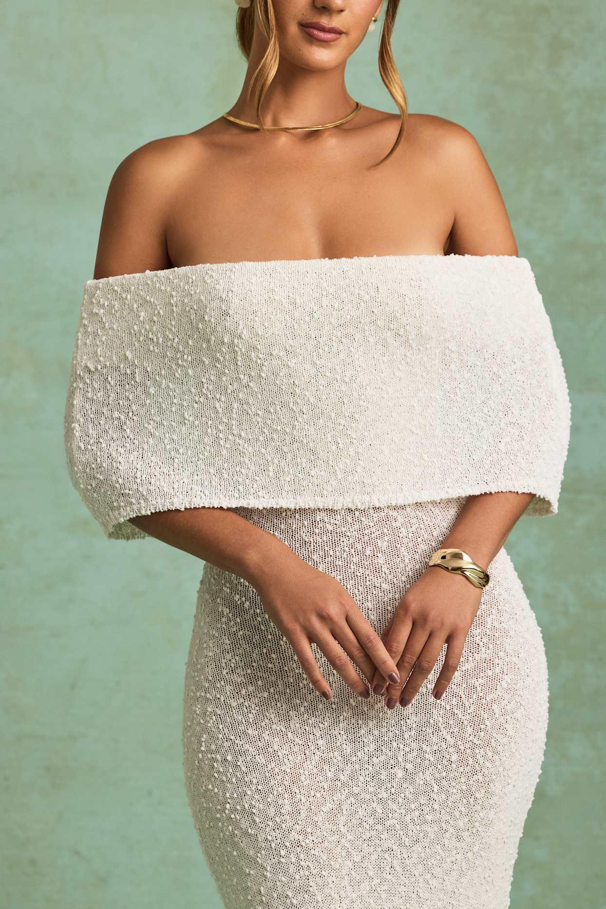 Bouclé Off-Shoulder Maxi Dress in White Girls Product Image