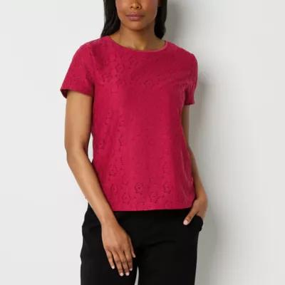 Liz Claiborne Womens Round Neck Short Sleeve Lace Blouse Product Image