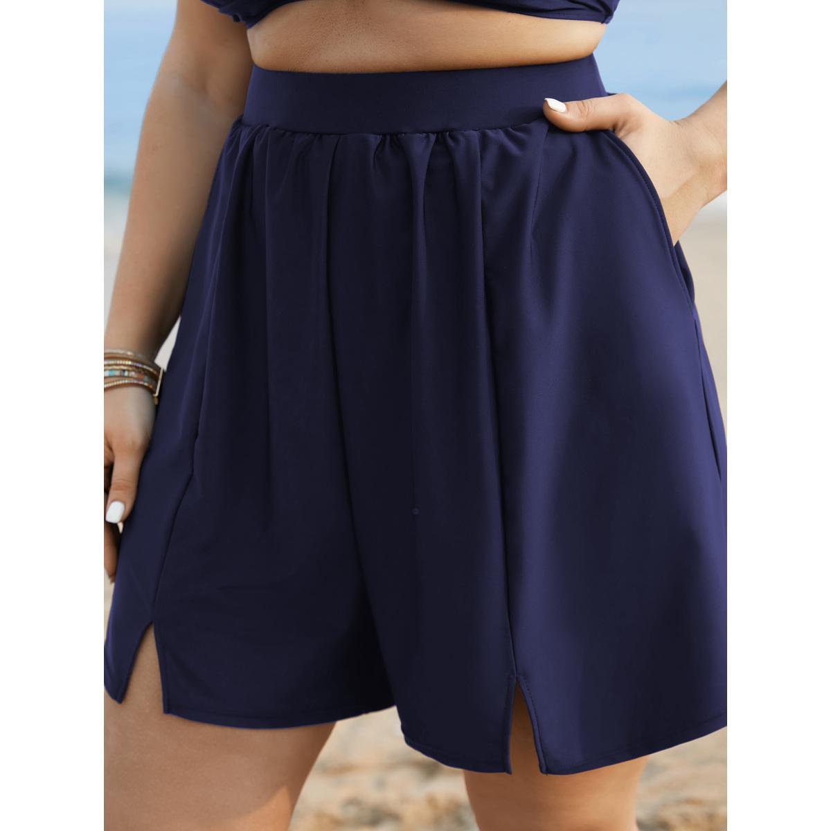 Plus Size Solid Slit Front Pocket Gathered Swim Bottom Women's Swimwear Indigo Beach Gathered High stretch Bodycon High Rise Side seam pocket Curve Swim Bottoms BloomChic 22-24/3X Product Image