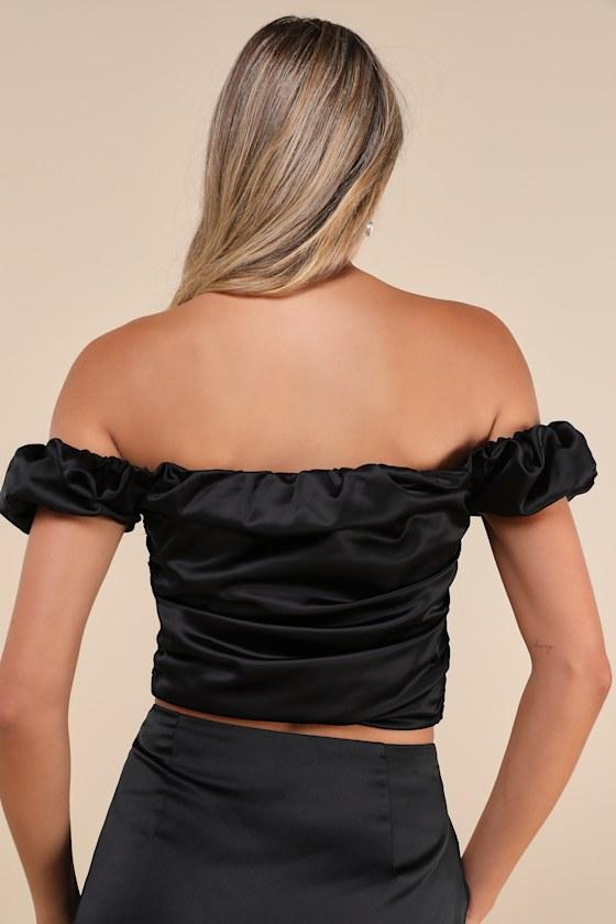 Black Rose Satin Rosette Off-the-Shoulder Puff Sleeve Top Product Image