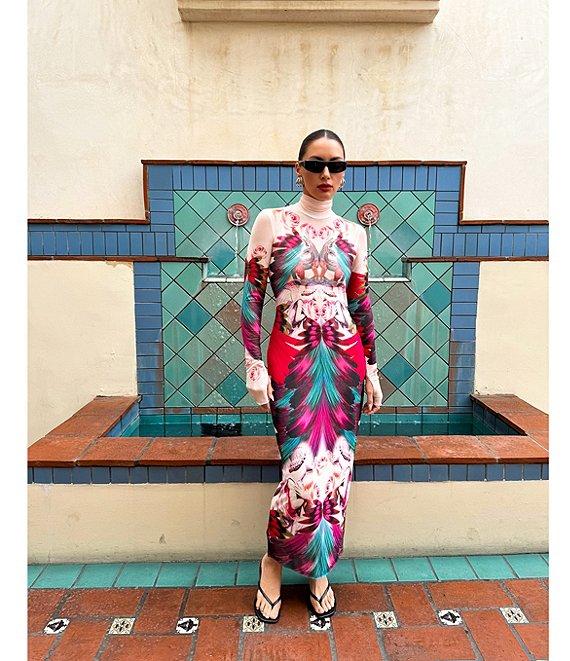 AFRM Shailene Feather Printed Turtleneck Long Sleeve Midi Dress Product Image