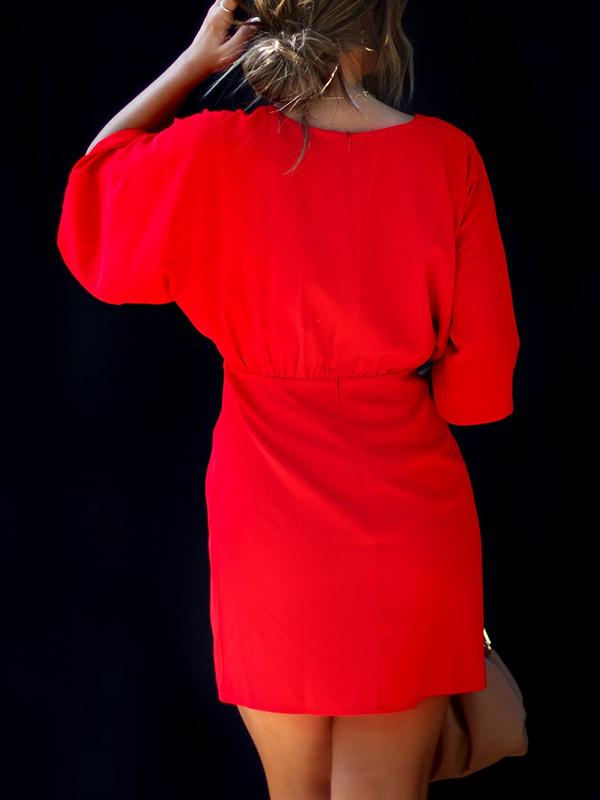 Batwing Sleeves Skinny Pleated Solid Color Split-Joint V-Neck Mini Dresses Product Image