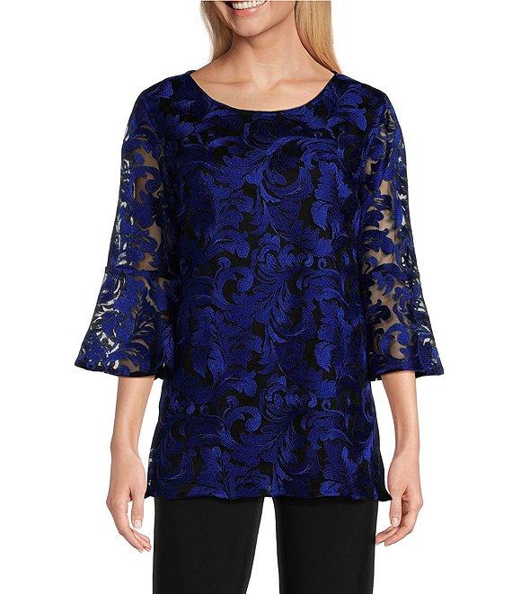 Caroline Rose Bella Soiree Embroidered Mesh Lace Scoop Neck 3/4 Bell Sleeve Tunic Product Image