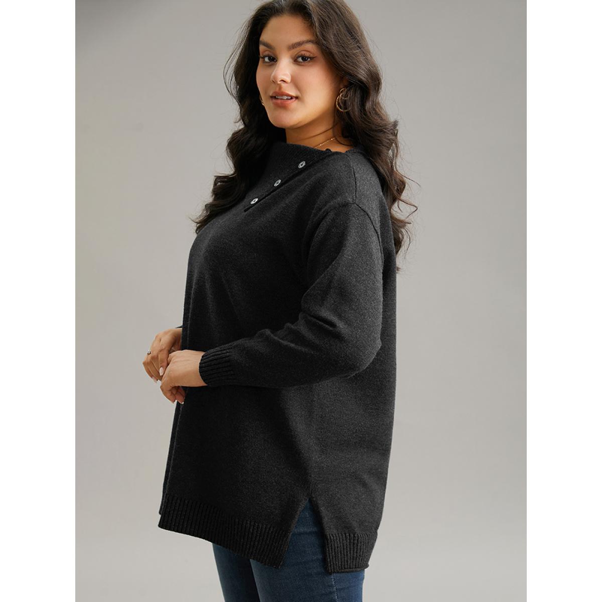 Plus Size Supersoft Essentials Asymmetrical Neck Button Detail Pullover Black Women Leisure Loose Long Sleeve Asymmetrical Neck Casual Pullovers BloomChic 30/6X Product Image