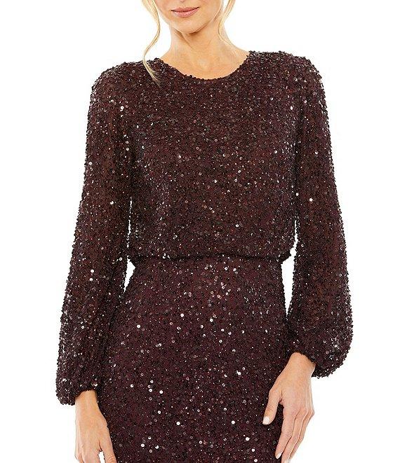 Mac Duggal Crew Neck Long Sleeve Beaded Blouson Gown Product Image