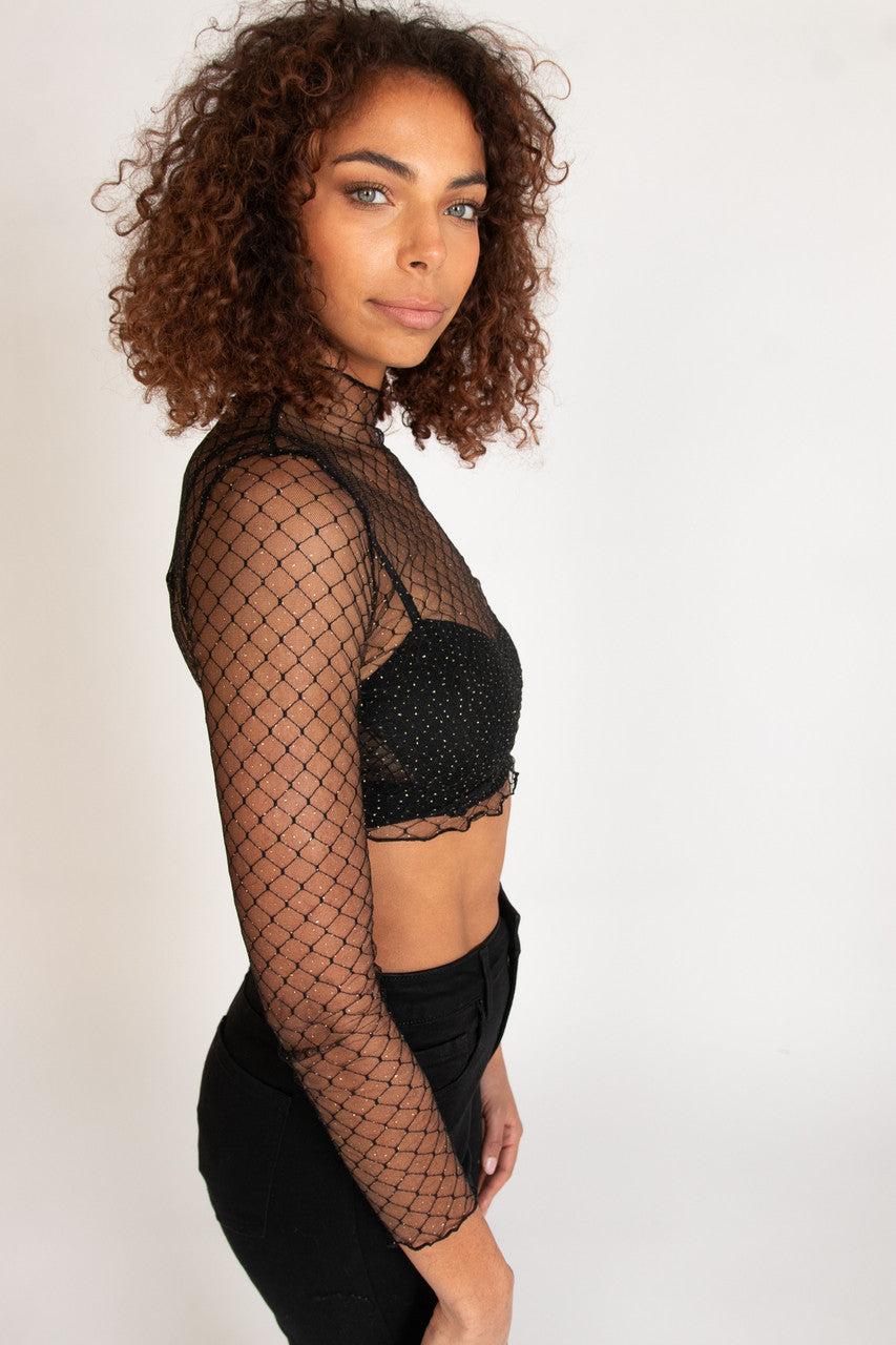 Gold Glitter Mesh Mock Neck Top Product Image