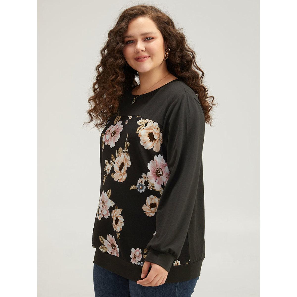 Plus Size Floral Print Patchwork Round Neck Sweatshirt Women Black Elegant Patchwork Round Neck Dailywear Sweatshirts BloomChic 10/M Product Image