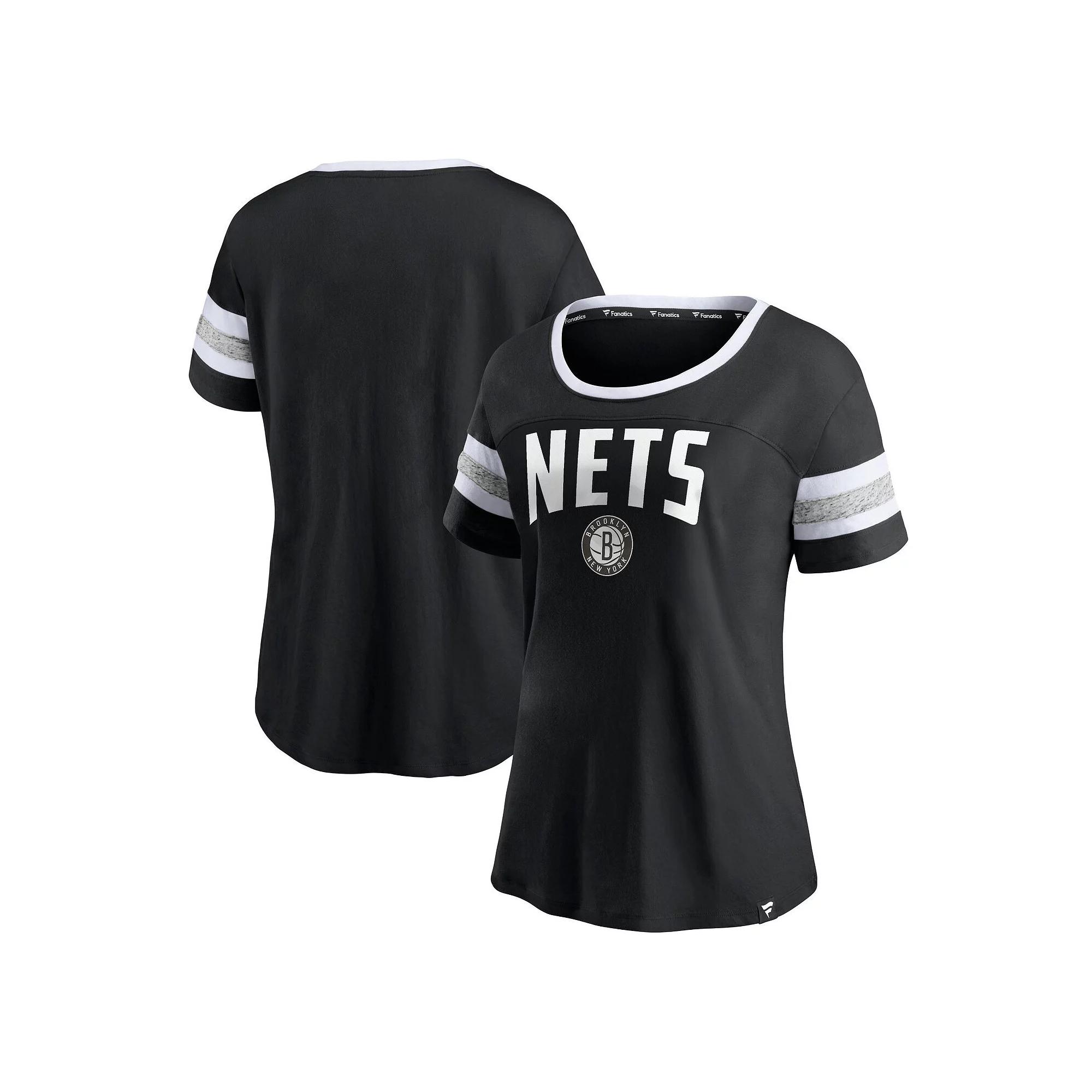 Women's Fanatics Branded Black/Heathered Gray Brooklyn Nets Block Party Striped Sleeve T-Shirt,  Product Image