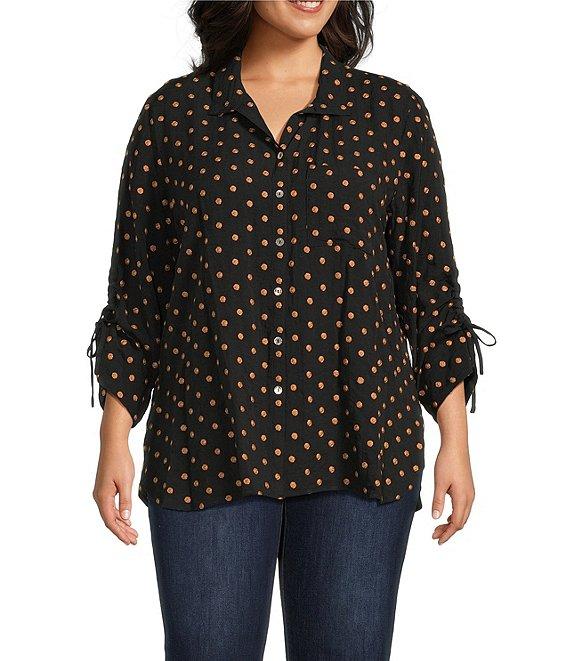 John Mark Plus Size Embroidered Polka Dot Cinch Tie Sleeve Button Front Tunic Product Image