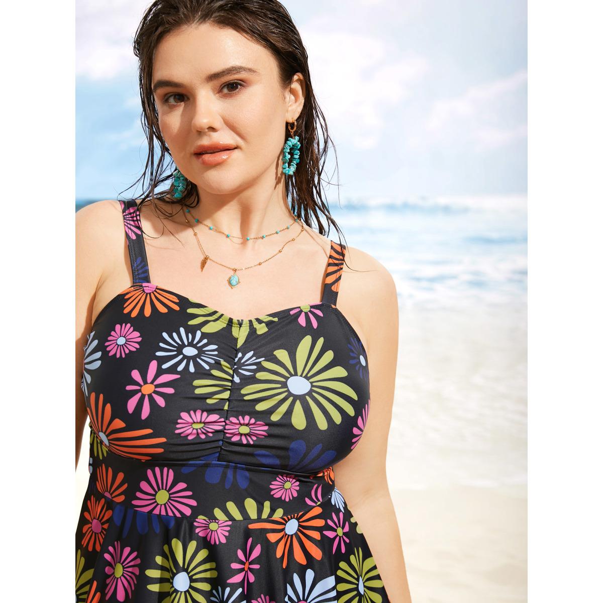 Plus Size Floral Heart Neckline Ruched Swim Dress Women's Swimwear Black Beach Bodycon Heart neckline High stretch Curve Swim Dresses BloomChic 26/4X Product Image