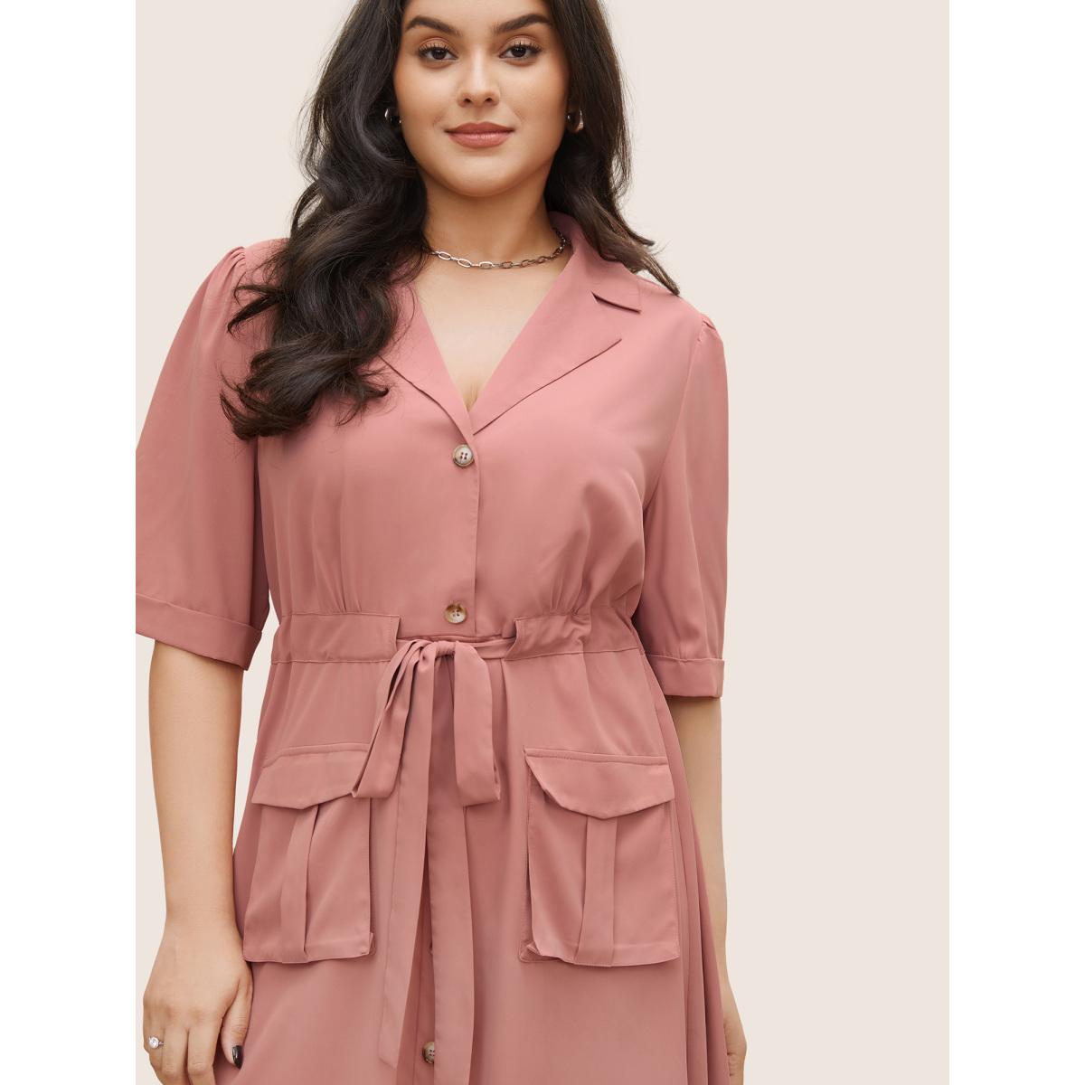Plus Size Solid Patched Pocket Ties Gathered Dress Crepe Women At the Office Non Suit Collar Half Sleeve Curvy Midi Dress BloomChic 30/6X Product Image