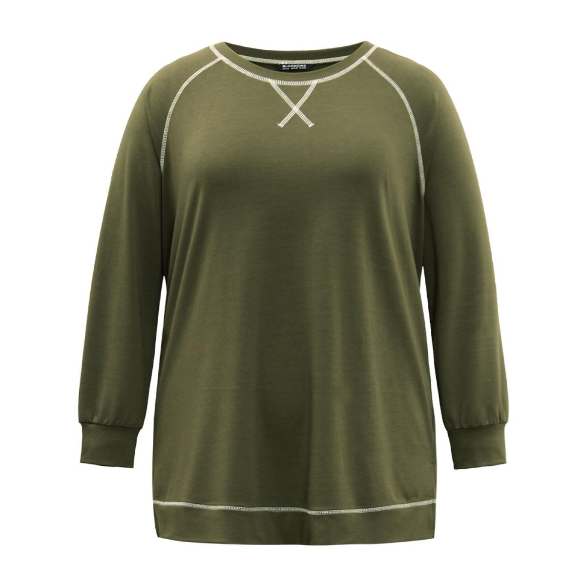 Plus Size Plain Stitch Raglan Sleeve Sweatshirt Women ArmyGreen Casual Elastic cuffs Round Neck Dailywear Sweatshirts BloomChic 14-16/1X Product Image