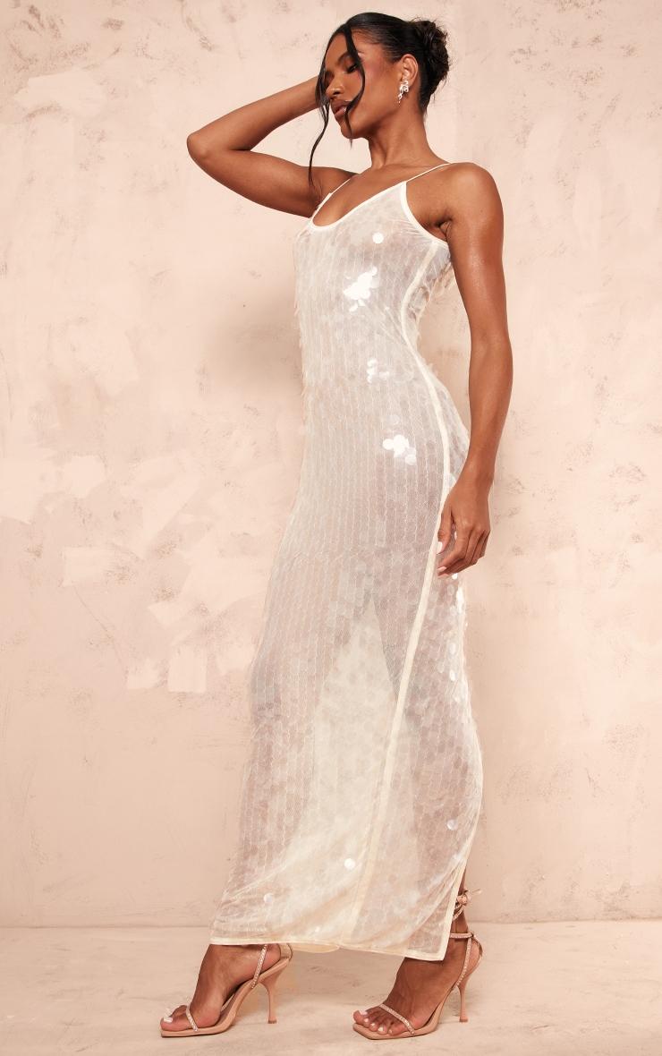 Cream Sheer Sequin Sheer Maxi Dress Product Image