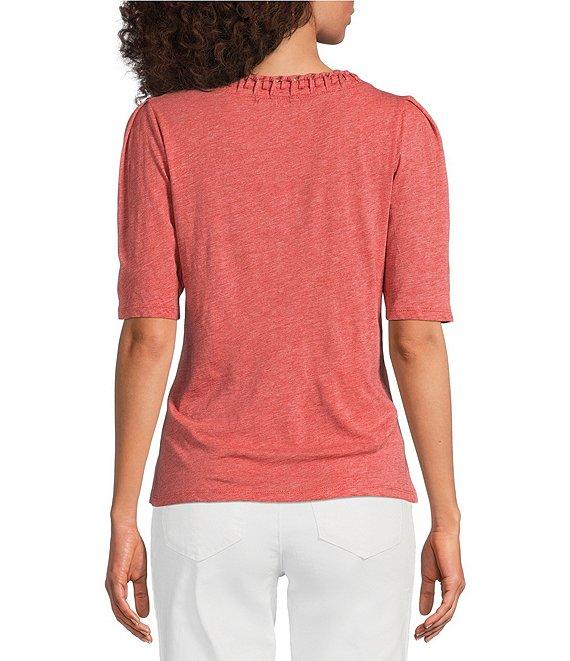 Democracy Knit Soutache Embroidered Scoop Neck Elbow Sleeve Side Ruched Top Product Image