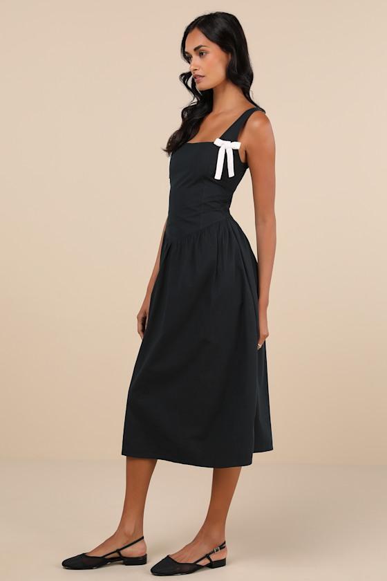 Clesiel Black and White Bow Cotton Sleeveless Midi Dress Product Image