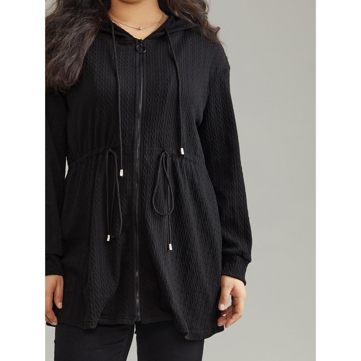 Plus Size Plain Zipper Elastic Waist Drawstring Coat Women Black Casual Plain Ladies Dailywear Winter Coats BloomChic 30/6X Product Image