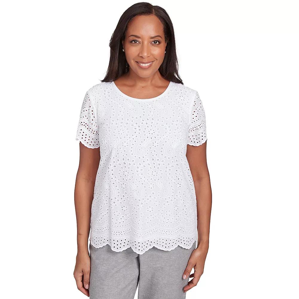 Petite Alfred Dunner Eyelet Scalloped Hem Tee, Women's, Size: Medium Petite, White Product Image