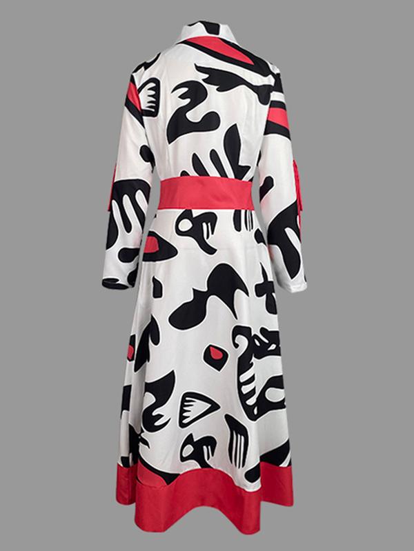 A-Line Long Sleeves Buttoned Contrast Color Tied Waist Notched Collar Maxi Dresses Shirt Dress Product Image