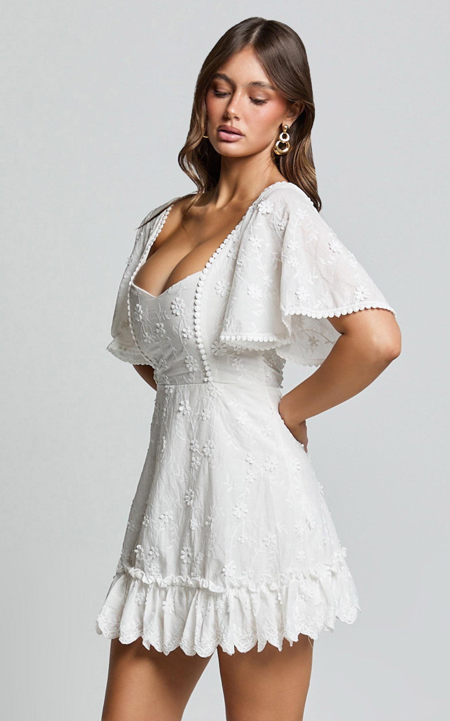 Fancy A Spritz Mini Dress - Square Neck Dress in White Embroidery Product Image