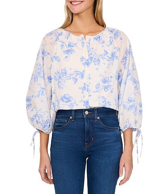 CeCe Woven Printed Round Neck Long Puff Sleeve Blouse Product Image