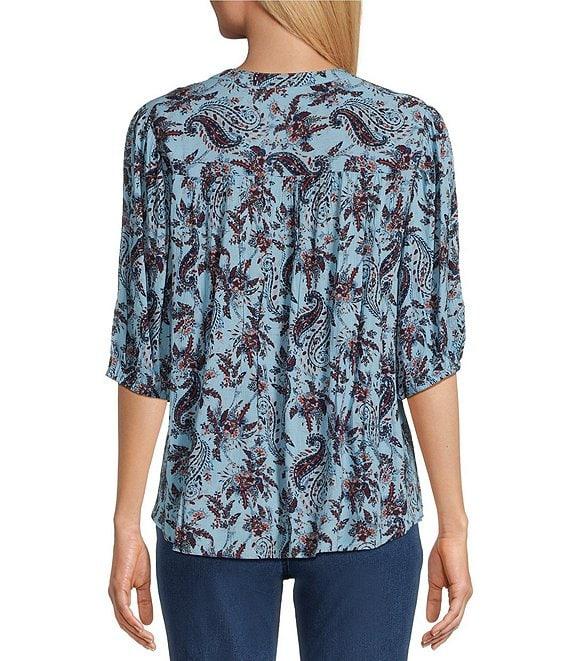 Intro Crinkle Gauze Paisley Print Crew Neck Elbow Sleeve Smocked Detail Button Front Blouse Product Image