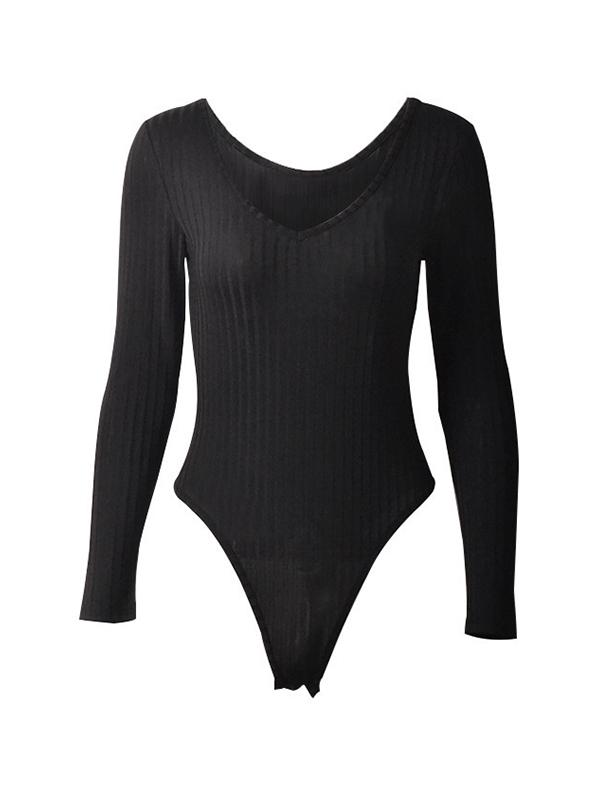 Solid Ribbed V Neck Bodysuits Product Image