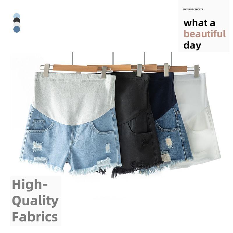 Maternity Low Rise Washed Frayed Distressed Denim Shorts Product Image