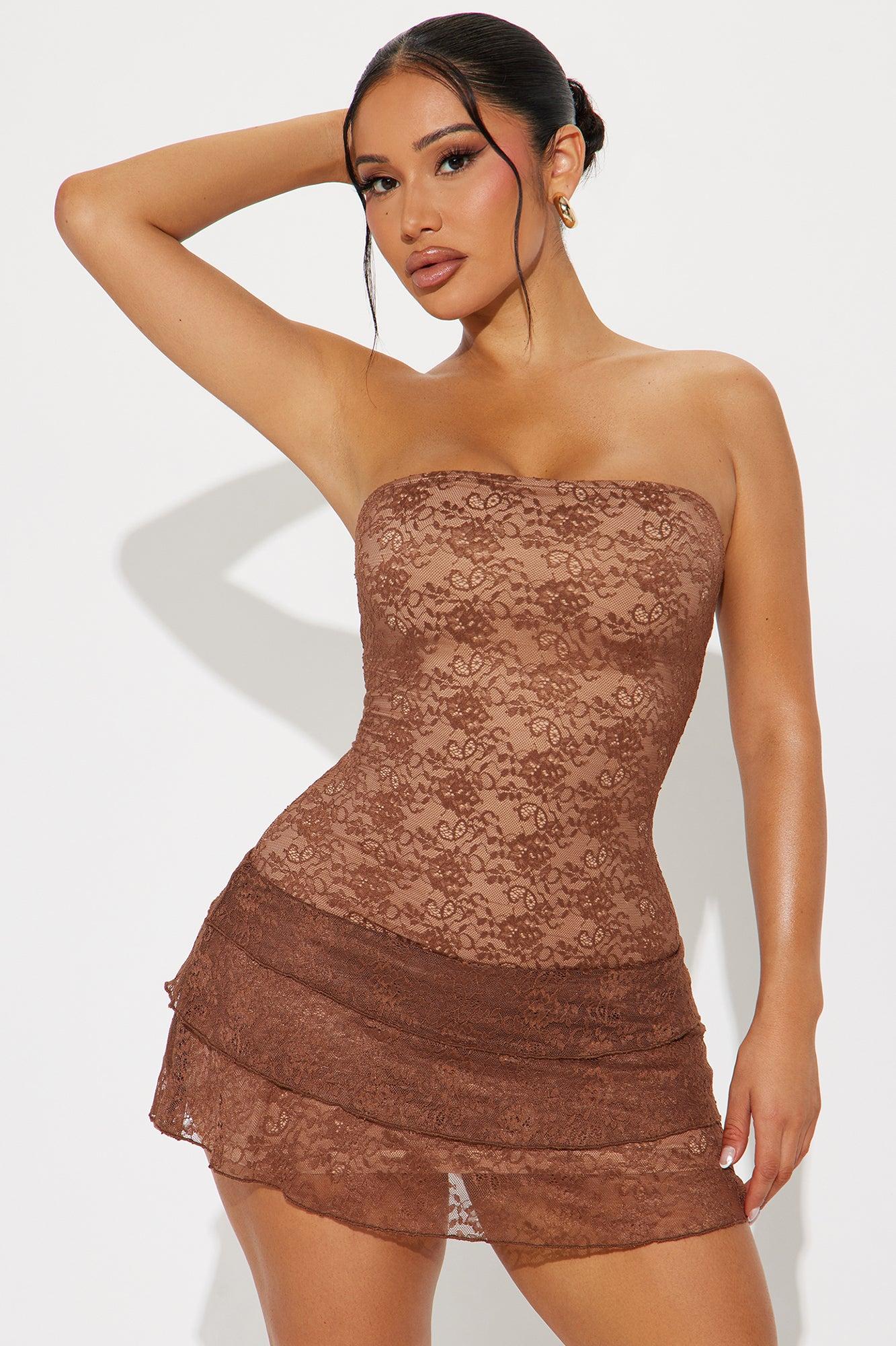 100% Angel Lace Micro Mini Dress - Chocolate Product Image