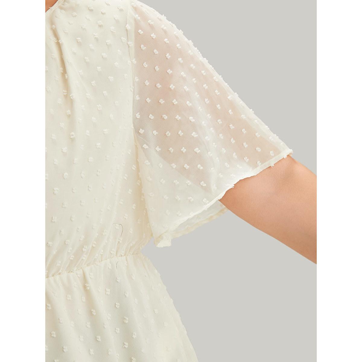 Plus Size Ivory Polka Dot Keyhole Mesh Gathered Flutter Sleeve Blouse Women Office Short sleeve V-neck Work Blouses BloomChic 22-24/3X Product Image