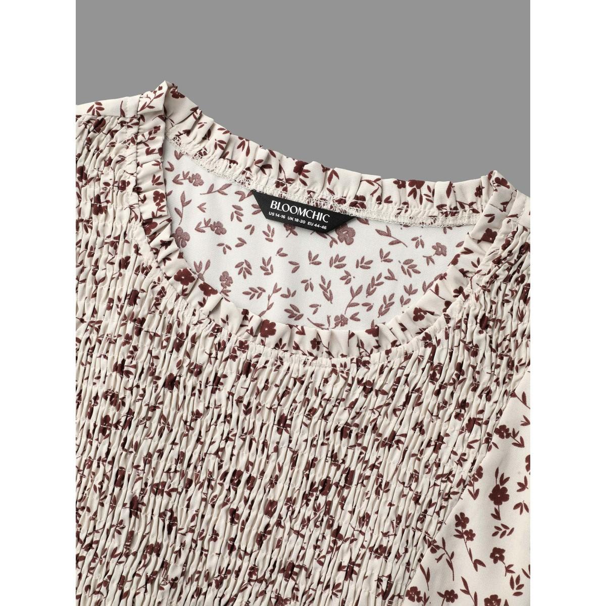 Plus Size Stretchy-Waist Printed Pockets Midi Dress Apricot Women Elegant Frill Trim Round Neck Long Sleeve Curvy BloomChic 22-24/3X Product Image