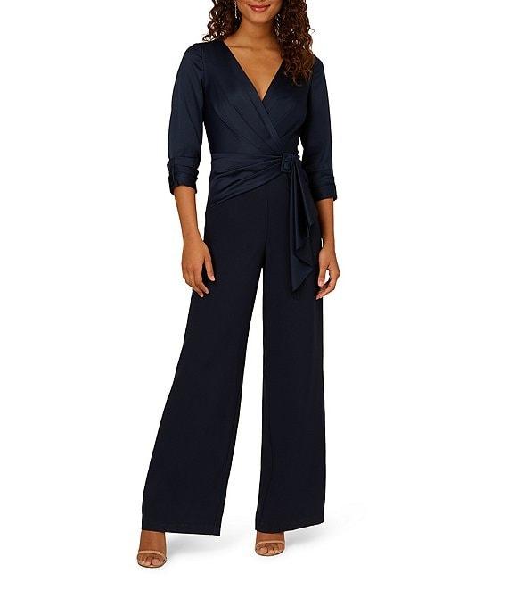 Adrianna Papell Stretch Satin Crepe Surplice V-Neck 3/4 Sleeve Side Drape Jumpsuit Product Image
