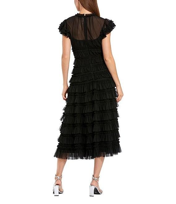 Mac Duggal Illusion Mock Neck Cap Sleeve Mesh Micro Ruffle A-Line Midi Dress Product Image