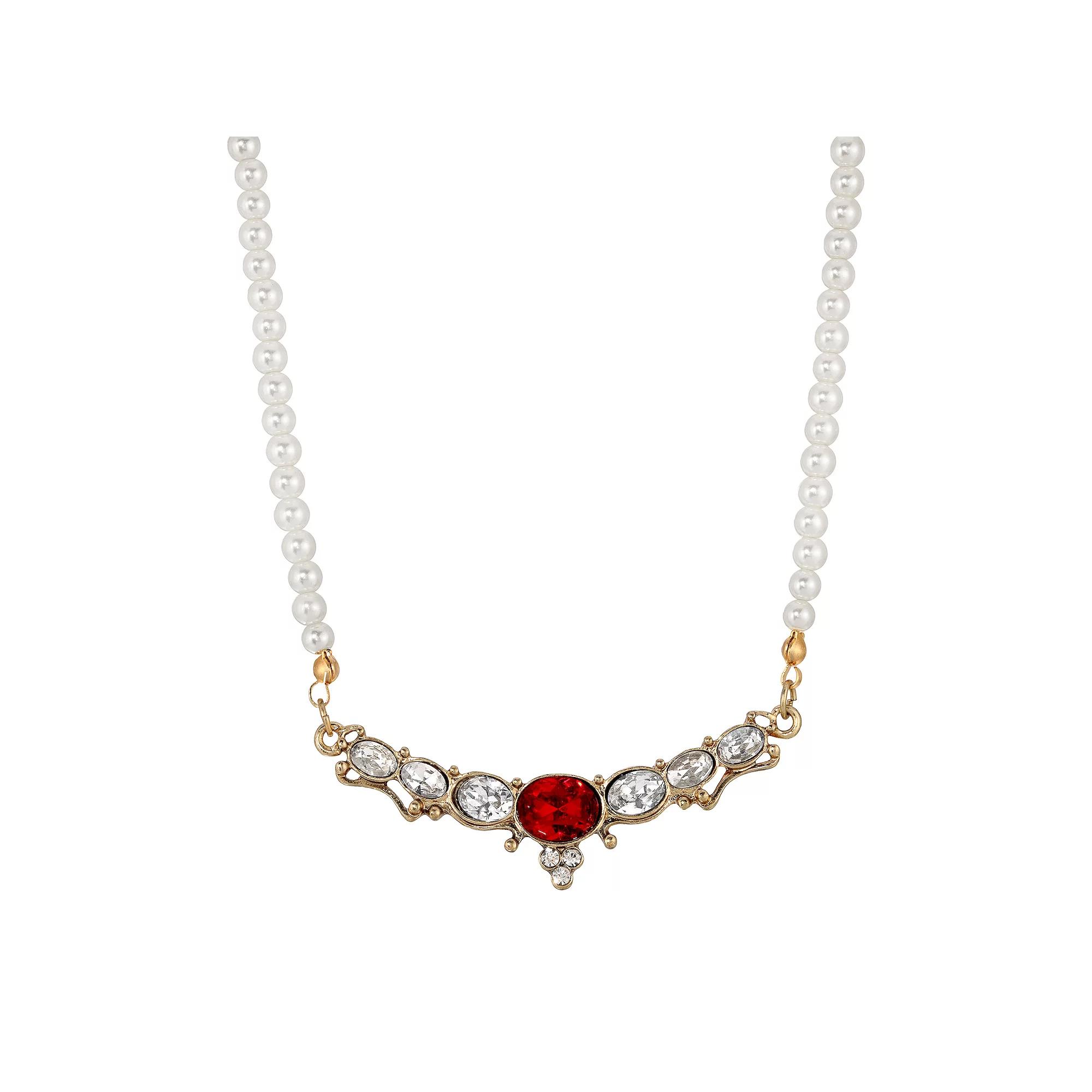 1928 Gold Tone Simulated Pearl & Crystal Collar Necklace, Womens, Red Product Image