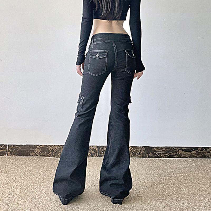 Low Waist Pocket Slim-Fit Boot-Cut Cargo Jeans Product Image